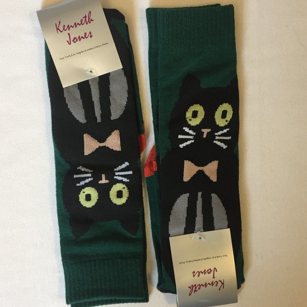 2x Kenneth Jones Knee High Black Cat Socks Sz.4-10